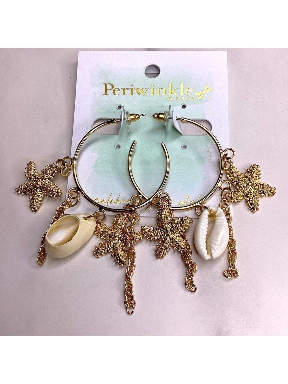 NEW PERIWINKLE BY BARLOW GOLD HOOP EARRINGS COASTAL BEACH VACATION STARS SHELLS